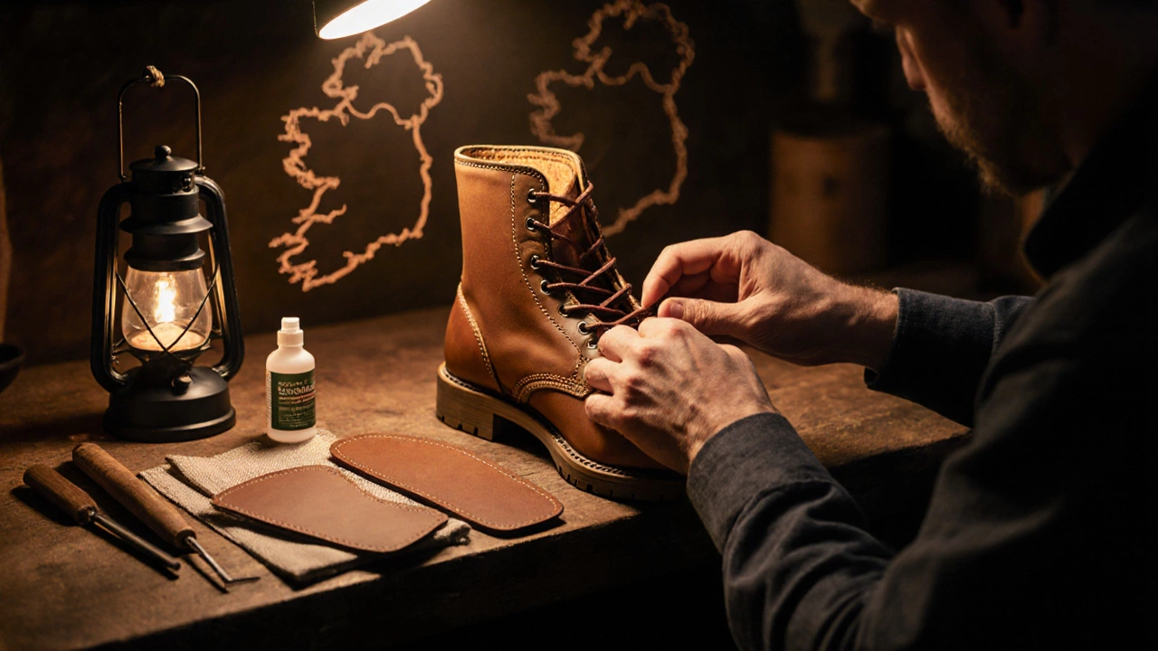 Artisan hand‑stitching a sustainable leather boot in a warm workshop at twilight.