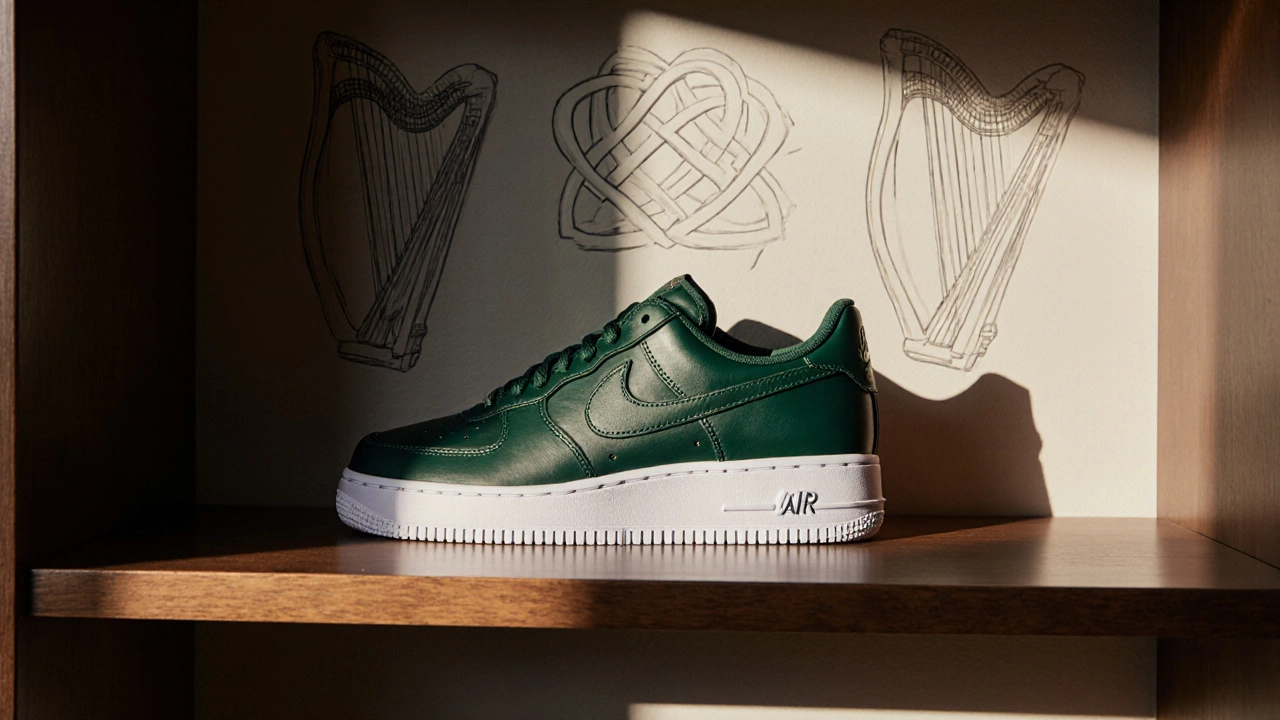Close-up of Celtic‑green Air Force 1 displayed in an Irish sneaker boutique.