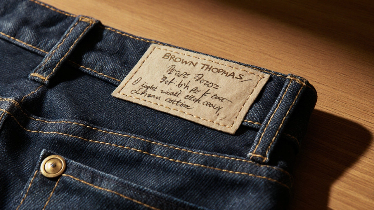 Close‑up of heavyweight denim showing selvage edge, tight stitches, and brass rivets.