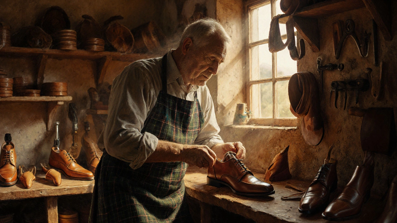 Cobblers workshop scene with a craftsman conditioning leather shoes on shoe trees.