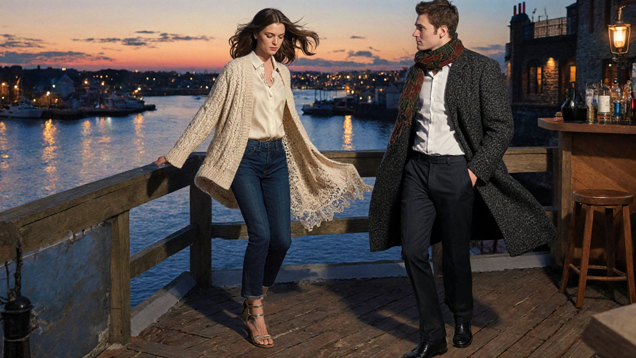 Couple on a Galway rooftop bar at sunset wearing dark denim, silk blouse, Aran cardigan and tweed coat.