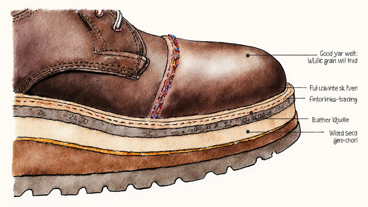 Cross‑section illustration of a shoe showing Goodyear welt and layered soles.