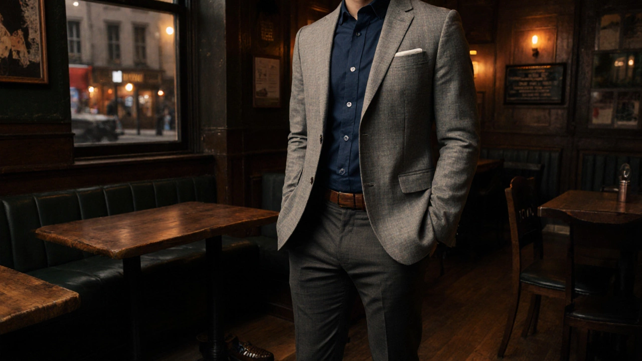 Digital portrait of a man in navy shirt and grey blazer in a pub.