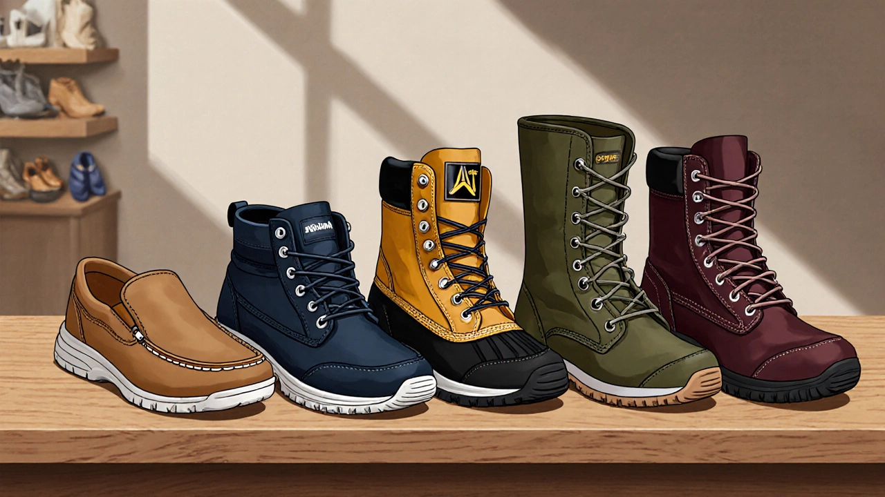 Display of five different work shoe brands showing their distinct features.