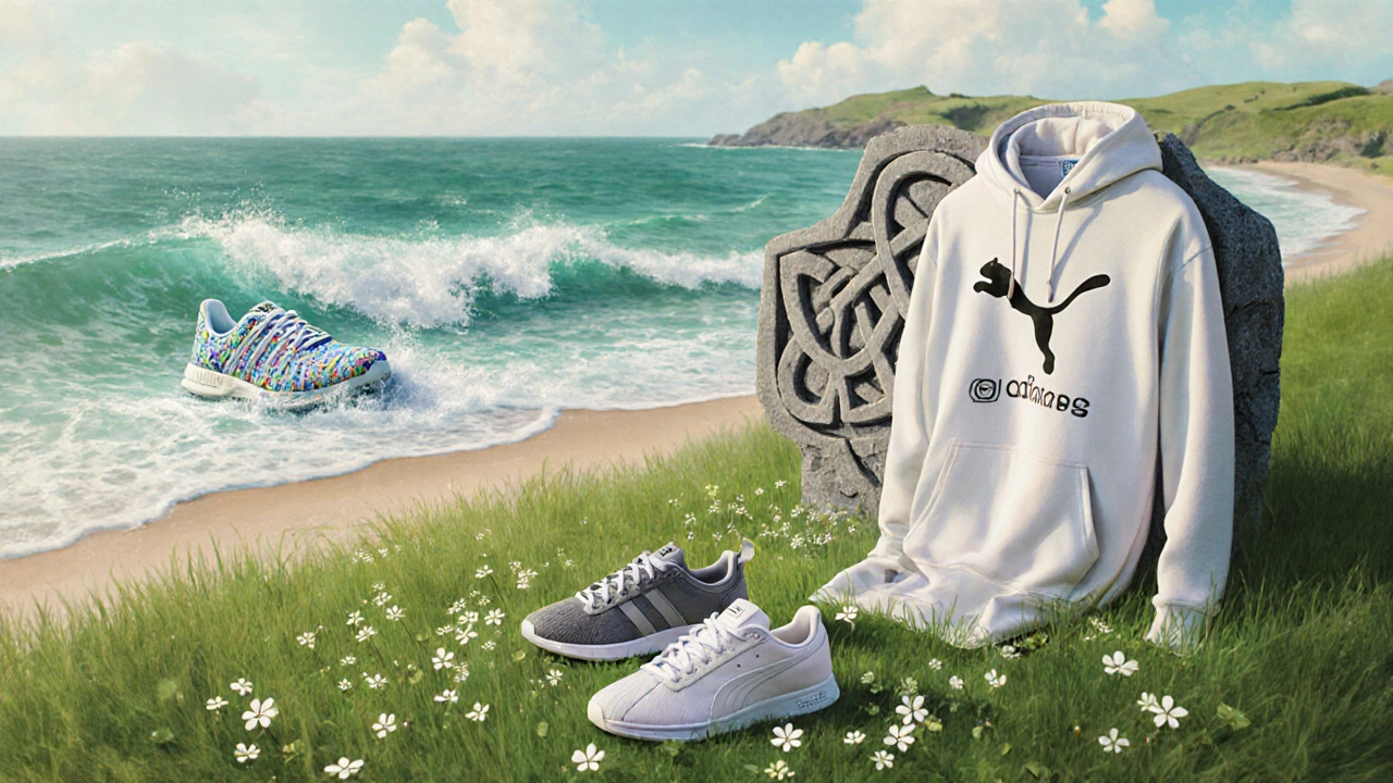 Eco‑friendly sneakers and hoodie on an Irish coastal scene with recycled‑plastic waves.