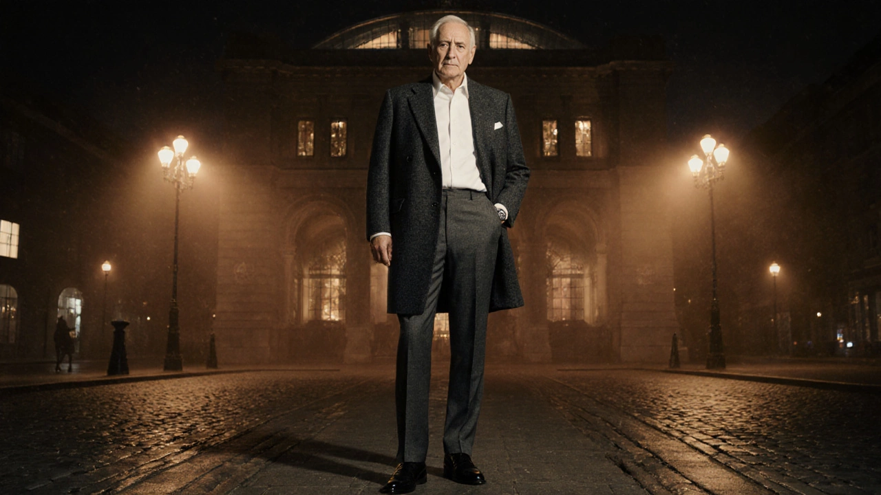 Elegant older adult in charcoal coat and pocket watch outside a concert hall at night.