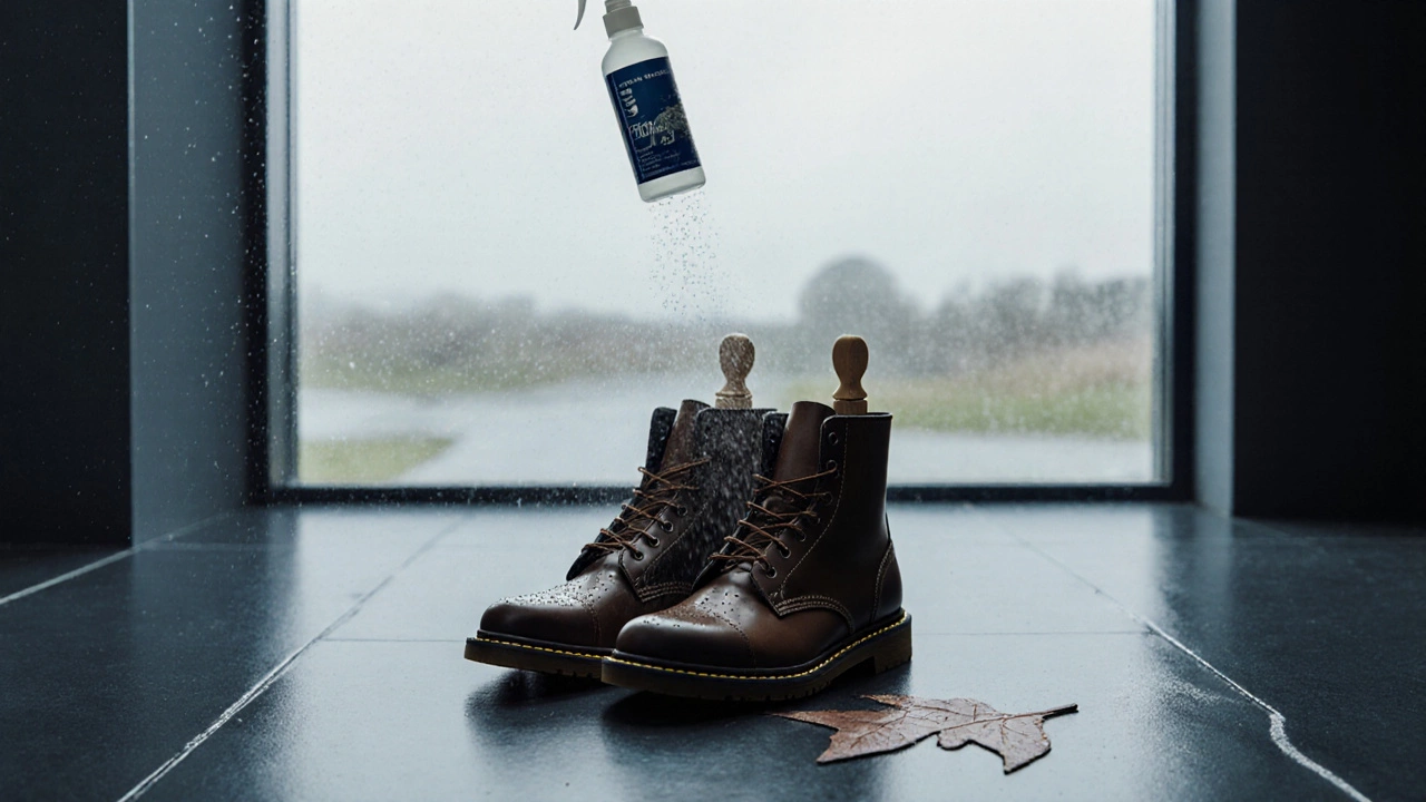 Extra‑wide Thursday Boots on a shoe tree being sprayed with water‑repellent in a rainy hallway.