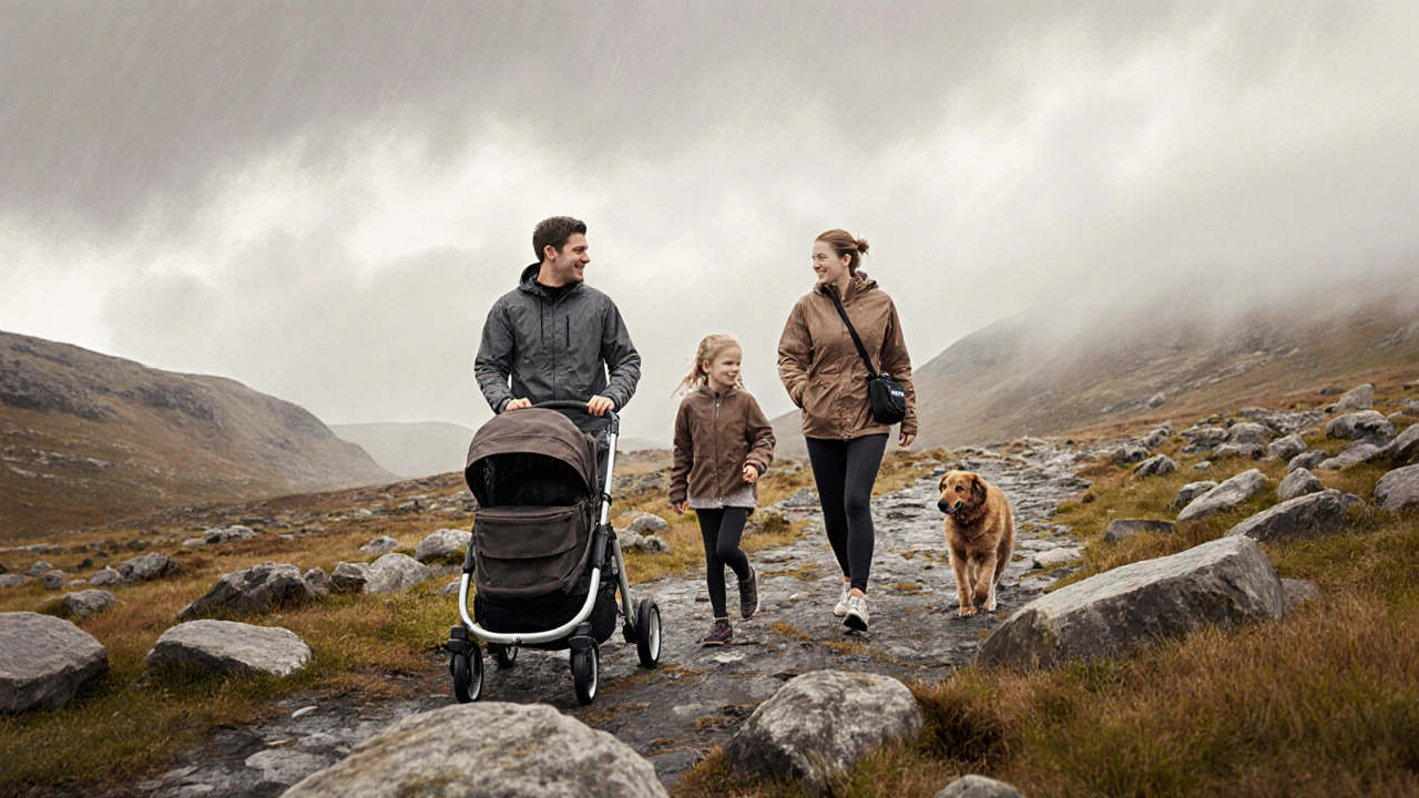Family walking in the Burren landscape wearing practical Irish sportswear, earthy tones blending with rocky hills and mist.