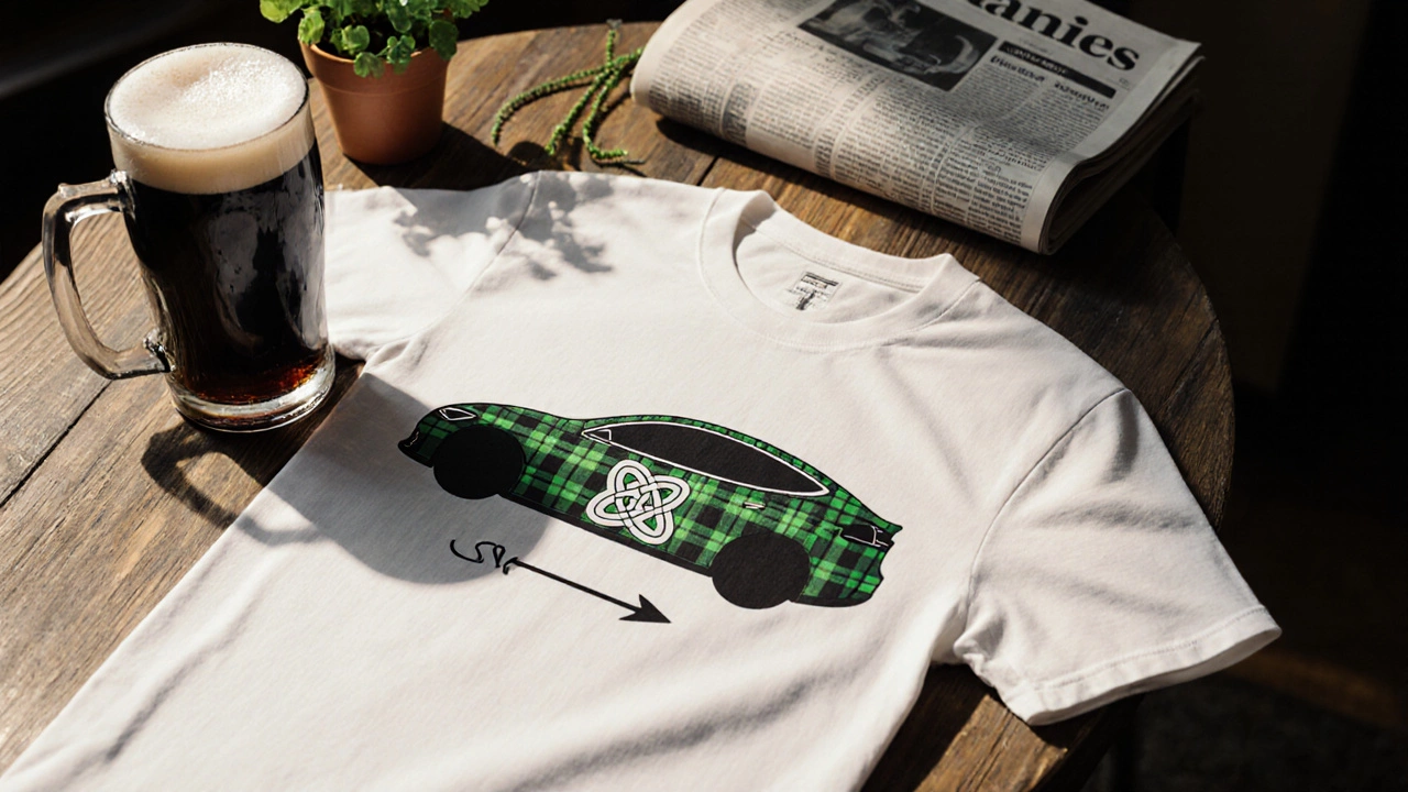 Flat‑lay of an organic cotton tee with Tesla silhouette, Celtic knot and a pint of Guinness.