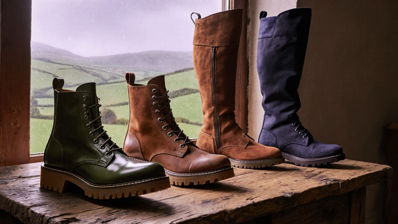 Four boot styles displayed on a wooden table with an Irish countryside view behind.