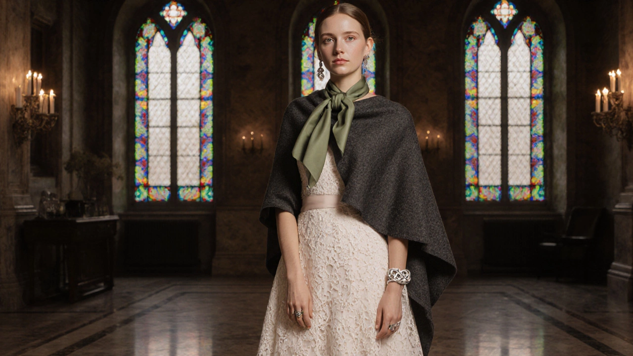 Guest at a Castle Coole wedding wearing an ivory lace gown, wool shawl, and Celtic jewelry.