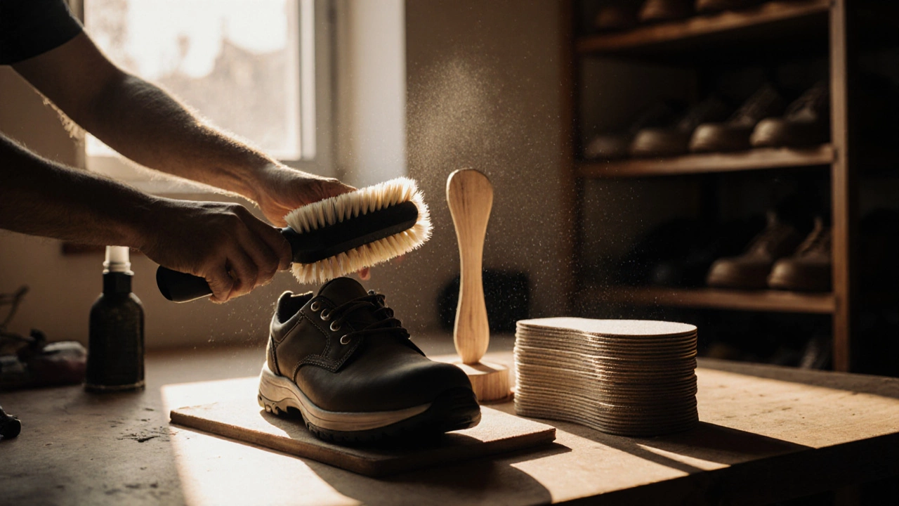 Hands cleaning and sprucing up work shoes with brush and waterproof spray.