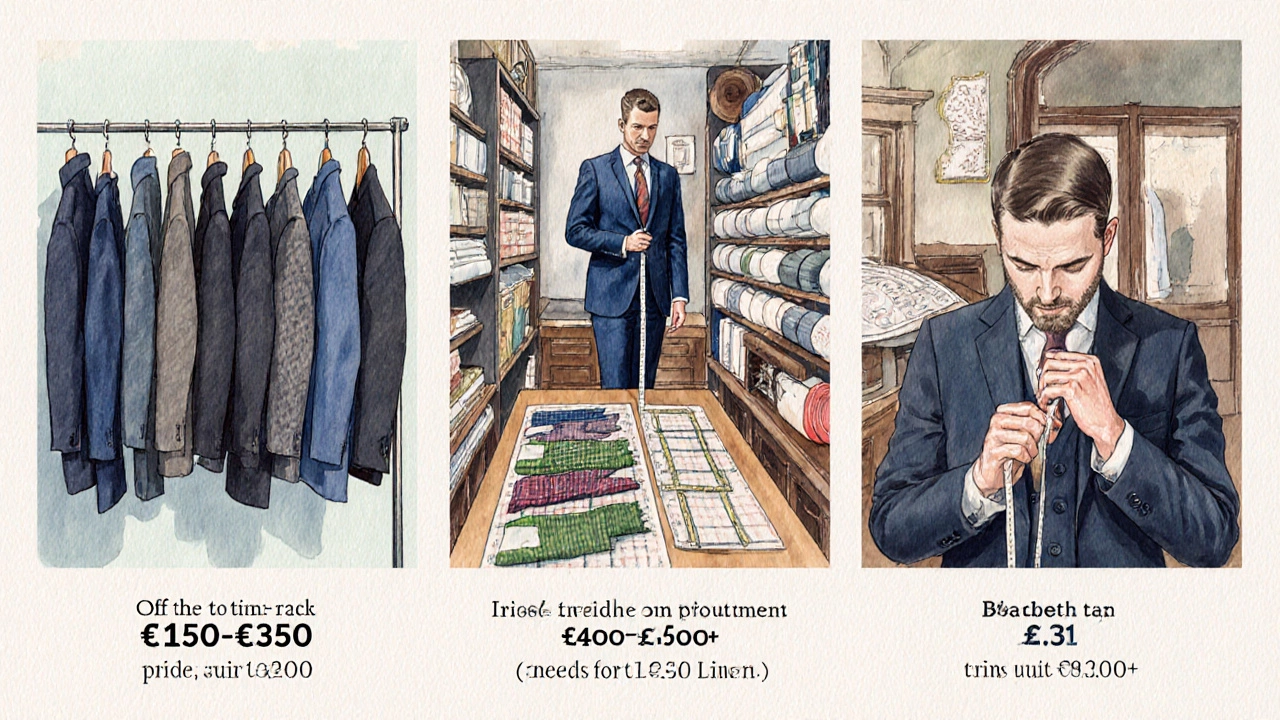 Illustration of off‑the‑rack, made‑to‑measure, and bespoke suits with price ranges.