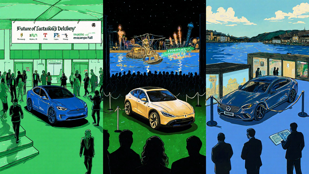 Illustration of three Irish locations showing a Tesla, Rivian pickup, and Mercedes S‑Class.