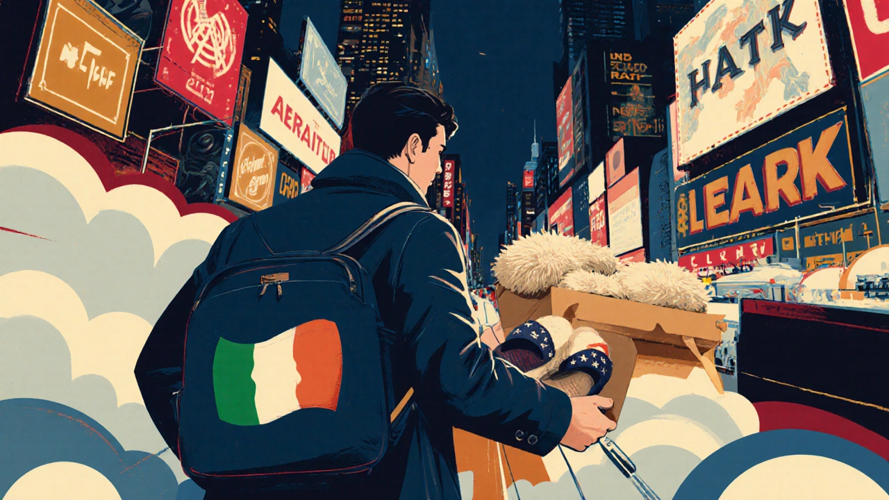 Irish traveler with American slippers stepping into a colorful New York Times Square scene.