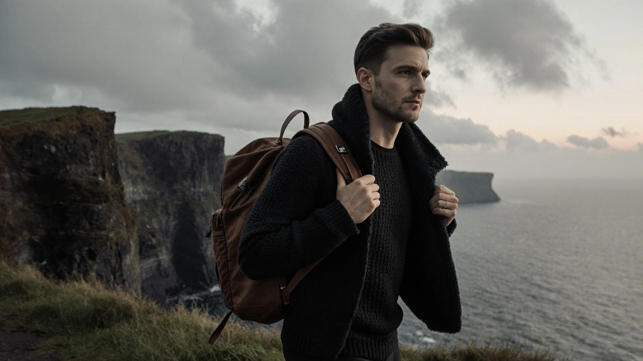 Man in a black tee under an Aran sweater walks the Cliffs of Moher at dusk.