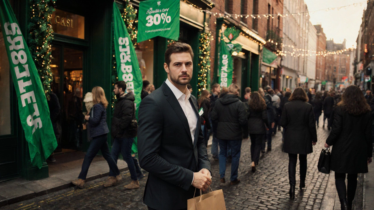 Man in a suit celebrating St. Patrick’s Day sale on a Dublin street.