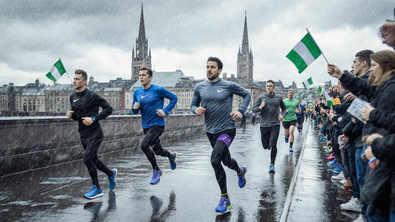 Marathon runners wearing Nike, Asics, and New Balance shoes on a rainy Dublin bridge.