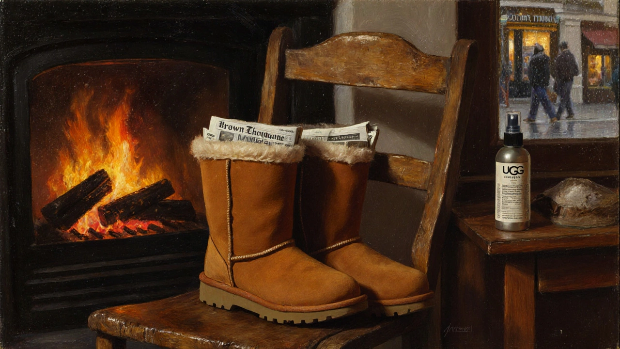 Oil painting of UGG boots by a fireplace with newspaper inside and a waterproof spray bottle nearby.