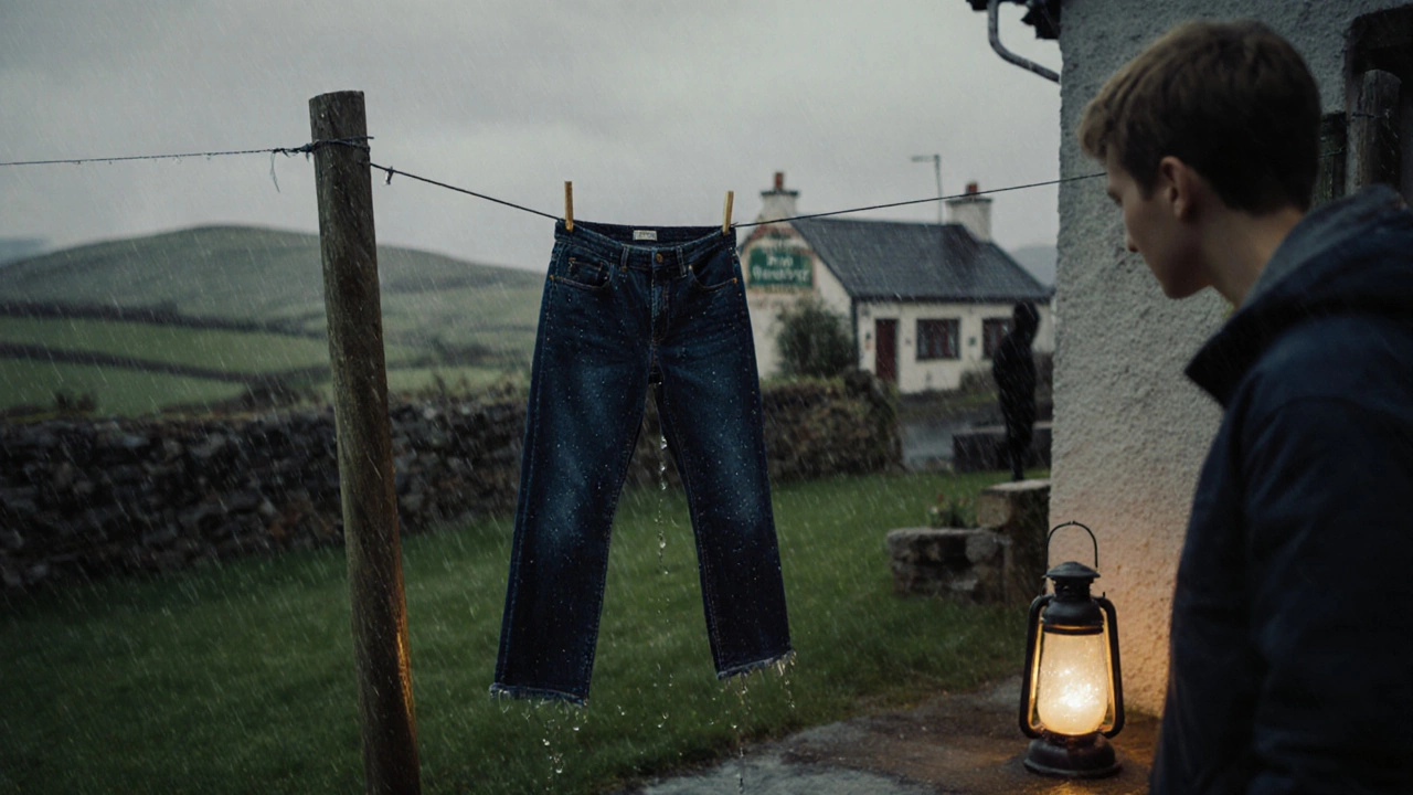 Person hanging jeans on a line in a rainy Irish garden with cottage and hills.