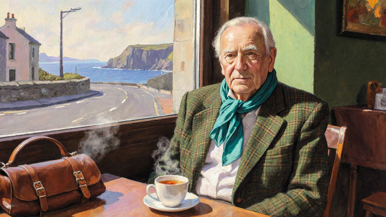 Senior wearing Irish tweed blazer and teal scarf seated at a Galway café.