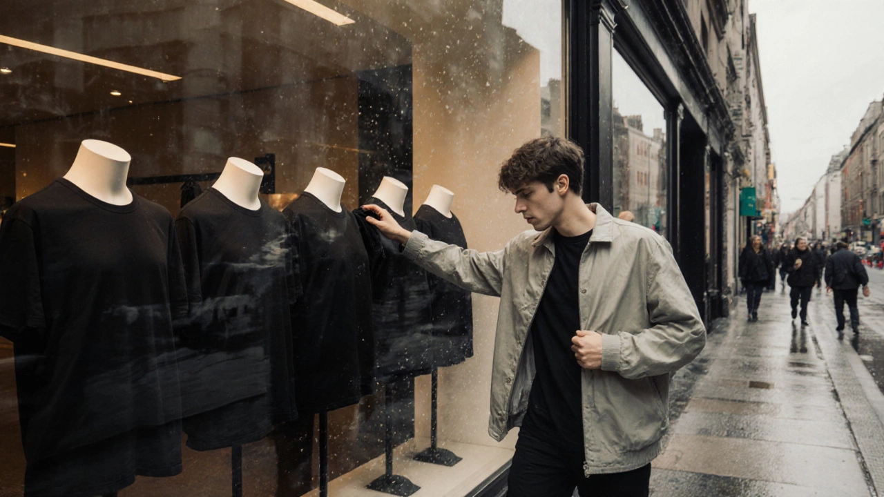 Shopper selects a black Supima‑cotton tee from a Uniqlo window on Dublin's Grafton Street.
