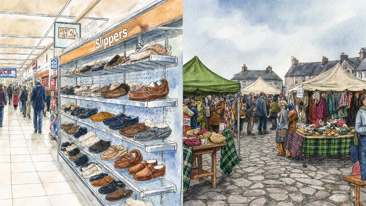 Side‑by‑side illustration of US department store slippers and Irish craft‑fair wool slippers.