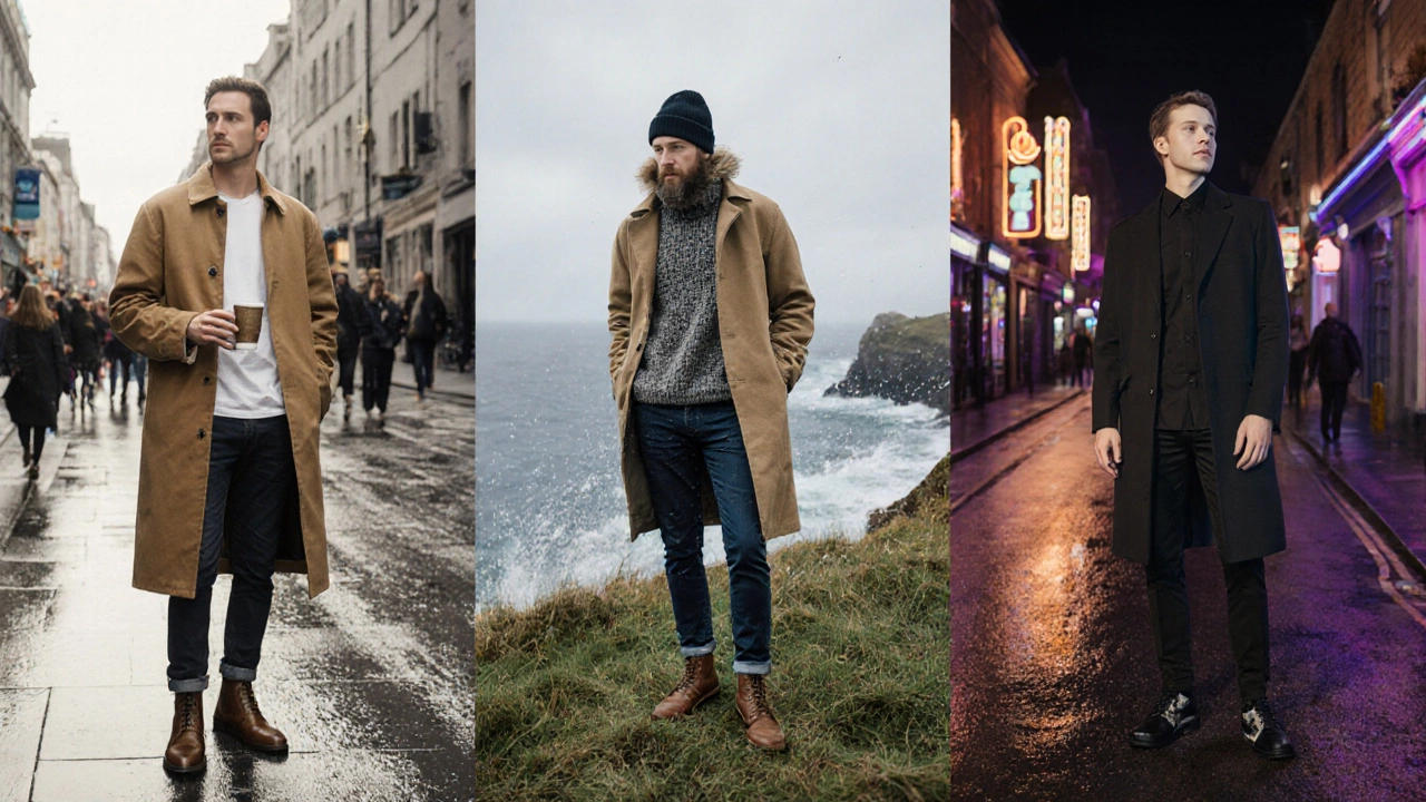 Triptych of three Irish styling looks featuring a chore coat.