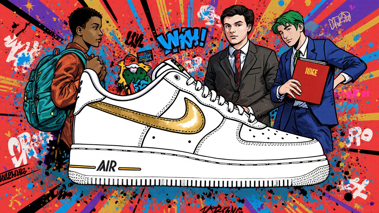 Vibrant illustration of Air Force 1 surrounded by diverse wearers and graffiti.