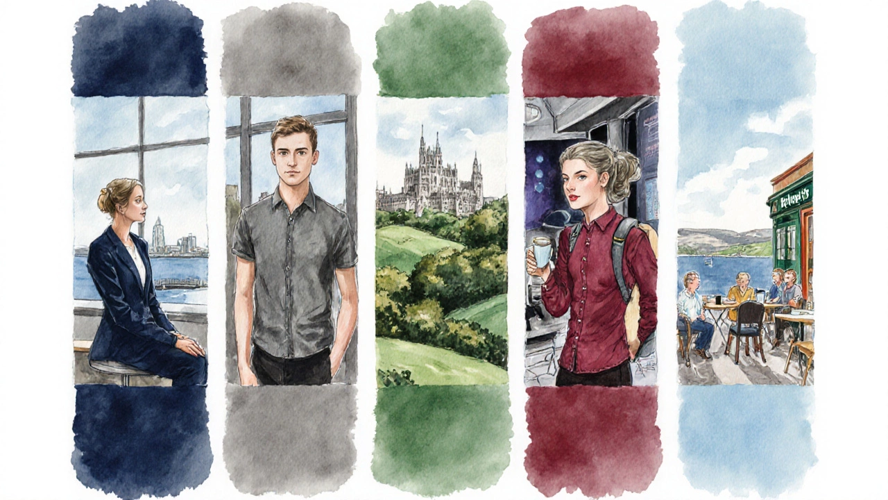 Watercolor showing five shirt colors with models in Irish settings.