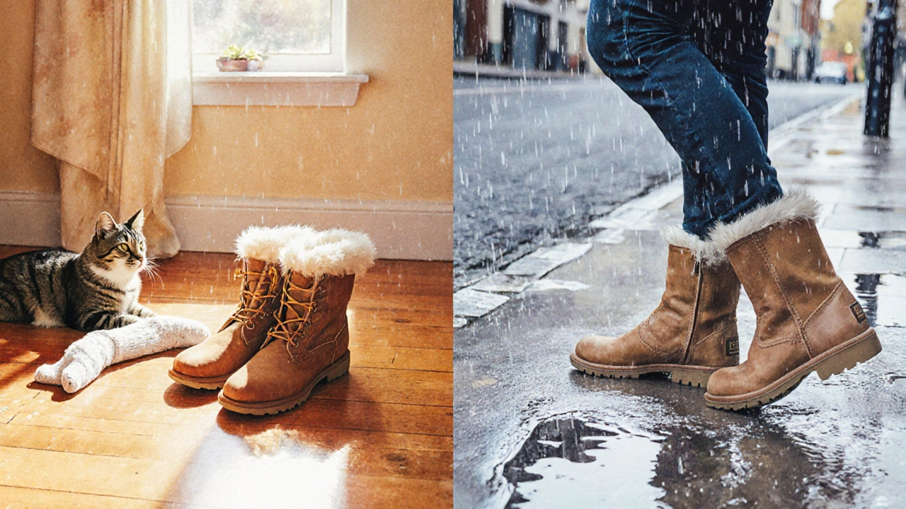 Watercolor split scene showing barefoot UGG boots on warm indoor wood floor and on a rainy sidewalk.