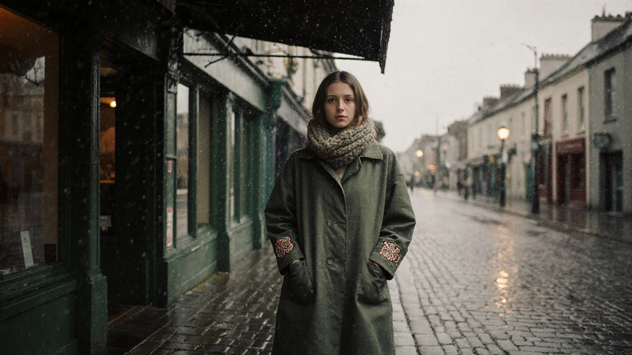 Woman in Galway wearing embroidered chore coat under rainy sky.