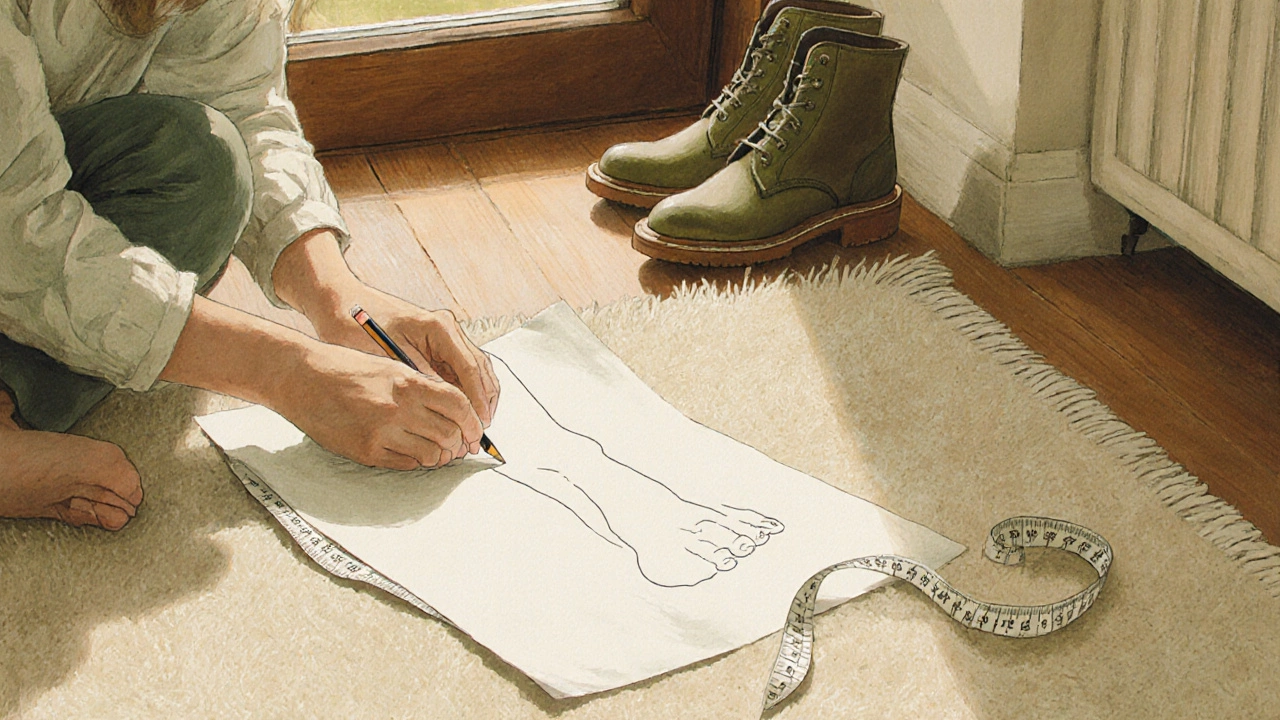 Woman measuring her foot at home with a sketch and a pair of Thursday Boots nearby.