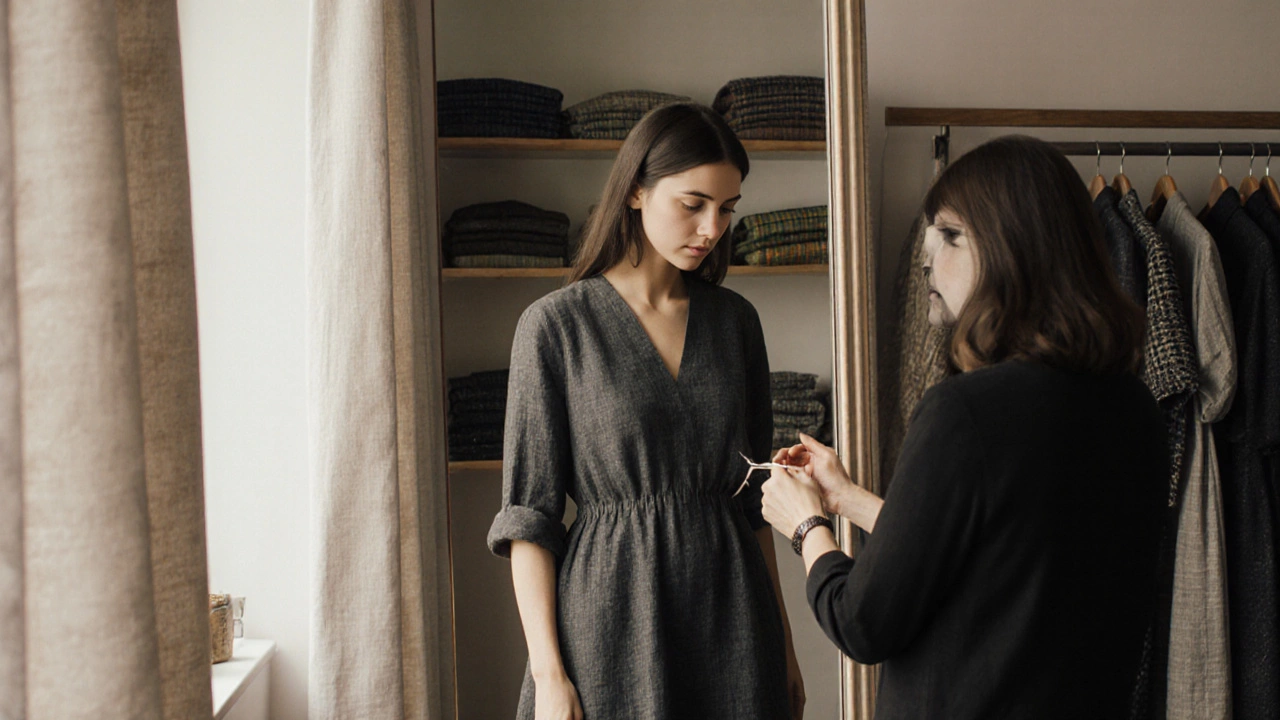 Woman trying on an empire-waist dress in a Dublin boutique while a tailor adjusts the seams, soft natural light behind her.