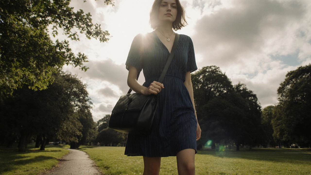 Woman walking through a park in Cork in a navy pinstripe dress with a crossbody bag and nude sandals, sunlight filtering through trees.
