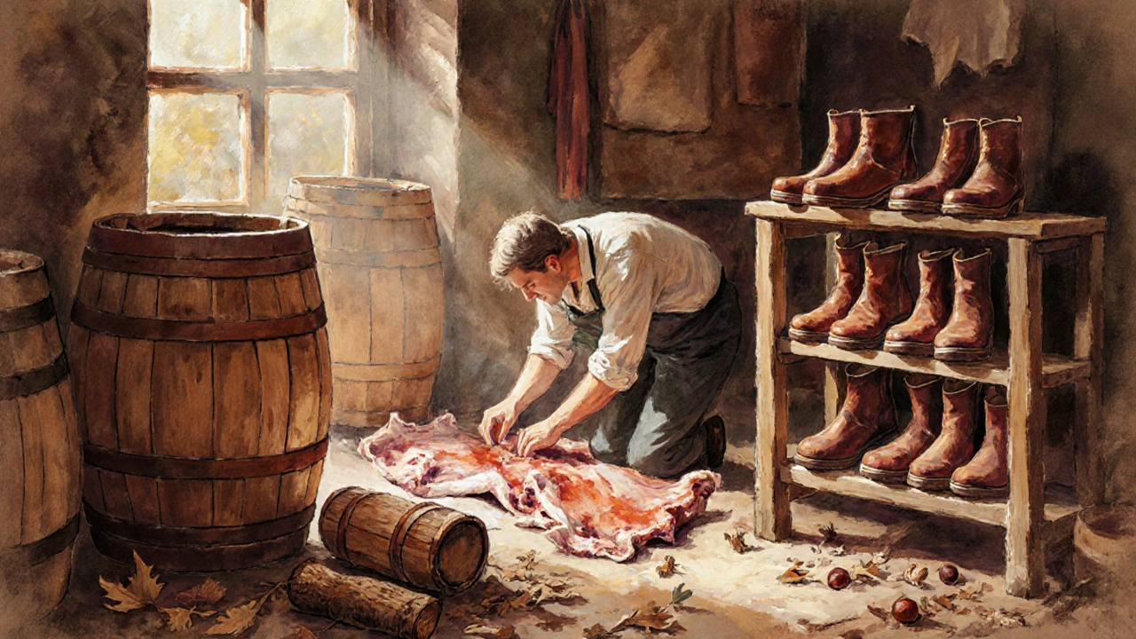 Artisan inspecting raw hides in a traditional Irish tannery with wooden barrels and natural materials.