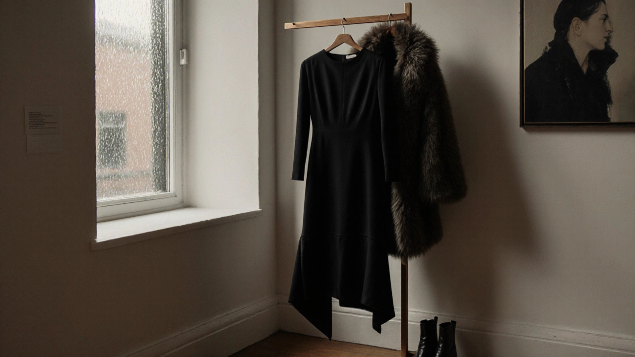Black asymmetrical cocktail dress hanging on wooden rack beside leather boots and faux fur stole in Dublin gallery.