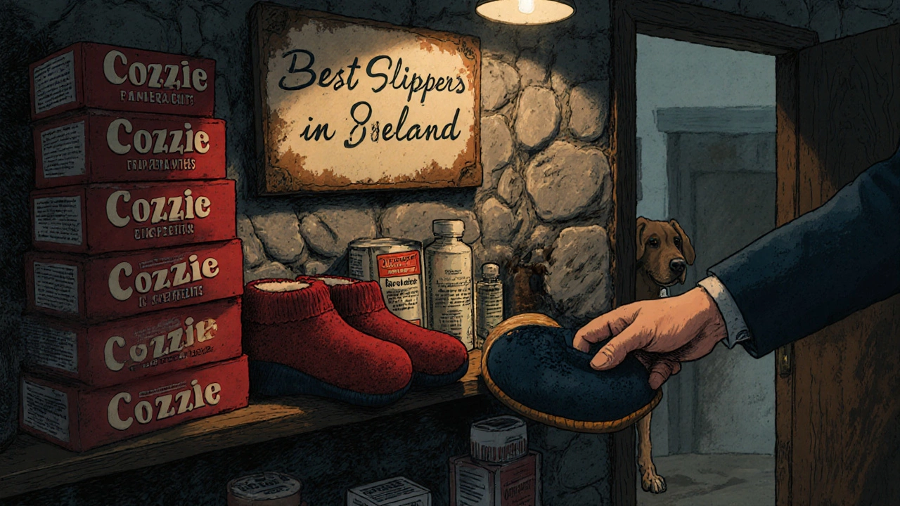 Cozzie slippers stacked on a pharmacy shelf in rural Ireland, soft lamplight and faded sign.