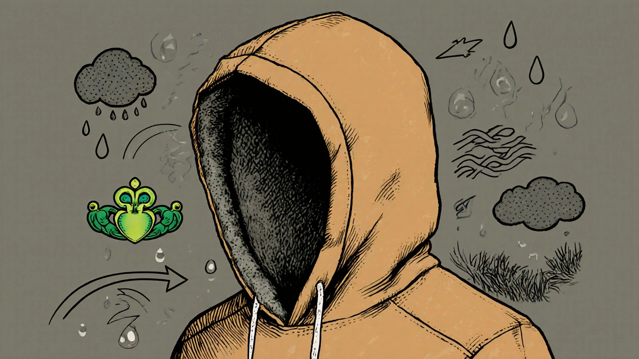 Detailed cross-section of an Irish hoodie hood showing fleece lining and dual drawstrings.