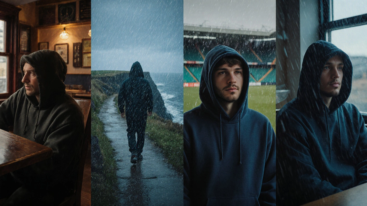 Diverse Irish people in daily life all wearing hoodies with hoods up in different settings.