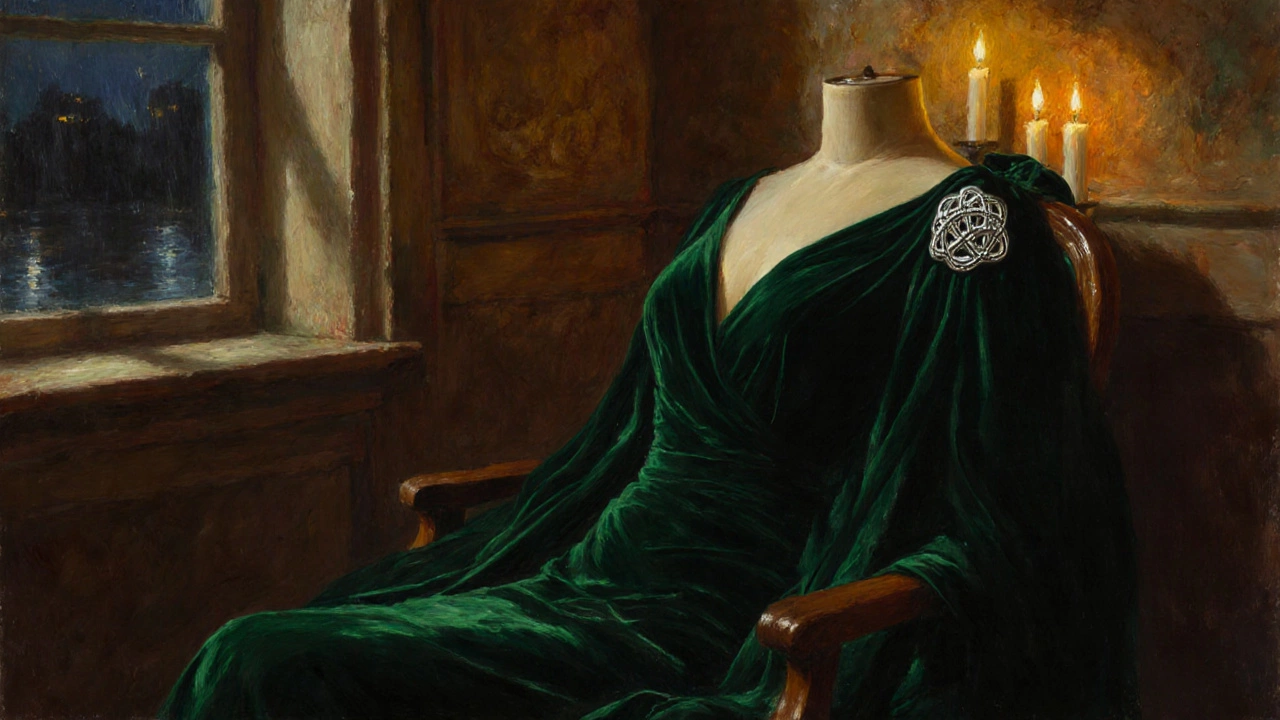 Emerald velvet evening dress with Celtic brooch in candlelit Irish ballroom.