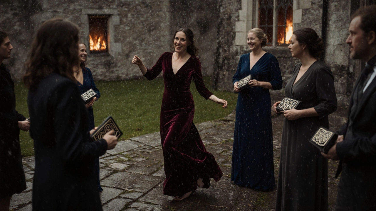 Guests in deep-toned evening wear dancing at a rainy autumn castle wedding.