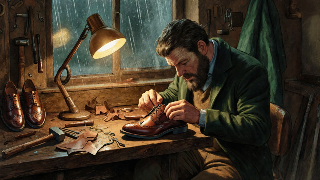Irish cobbler hand-stitching a new sole onto classic brogues at a wooden bench.