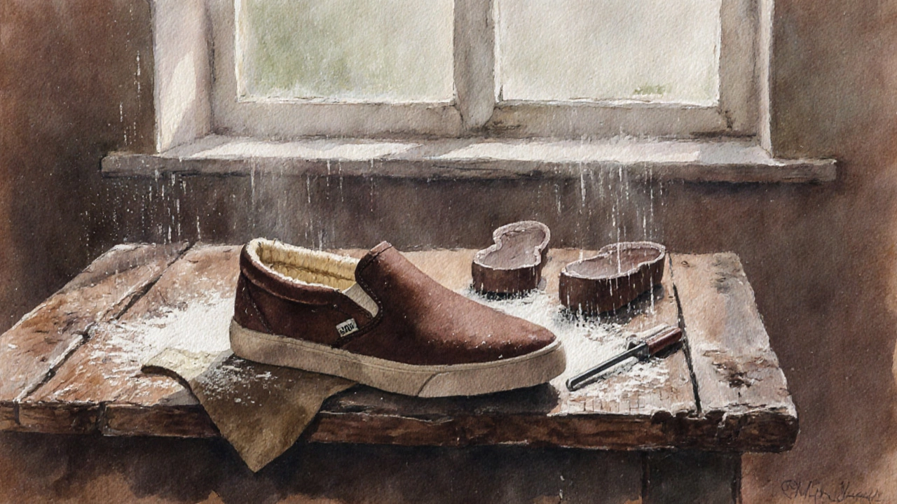 Irish-made work slip-on shoe on a wooden table with flour, a cleaning cloth, and worn-out soles nearby.