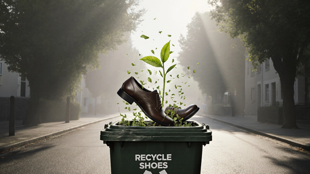 Old leather shoes recycling into a sapling growing from a city sidewalk.