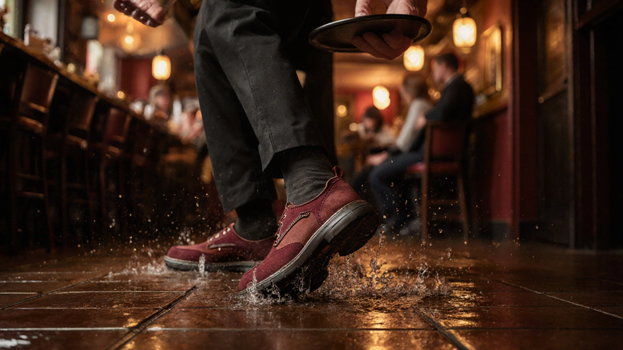 Pub server stepping carefully on a wet kitchen floor in Cork with water droplets splashing from their shoes.