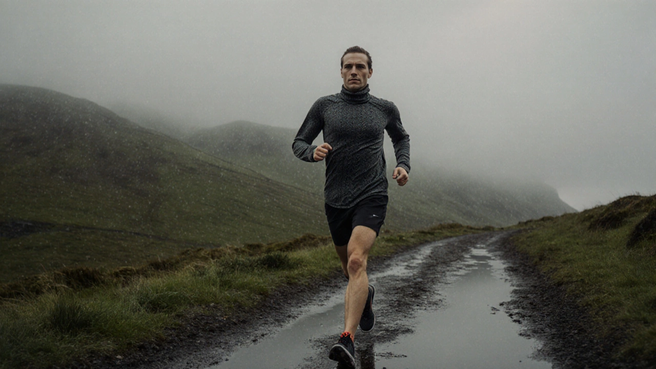 Runner in Irish rain wearing performance gear with Aran-inspired knit details.