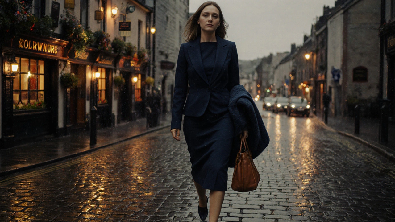 Woman in navy dress walking on wet cobblestones in Galway at dusk with pub lights glowing nearby.