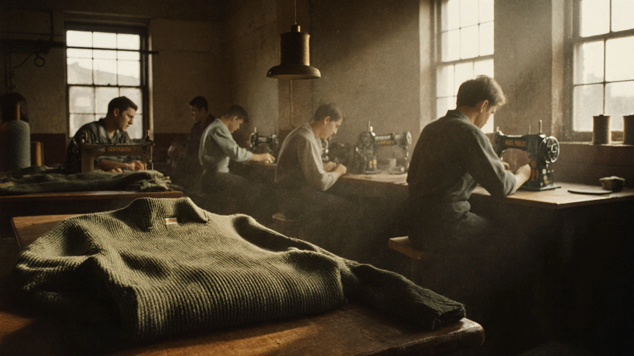 Workers in a 1960s Irish textile mill inspecting wool-polyester fabric blends.