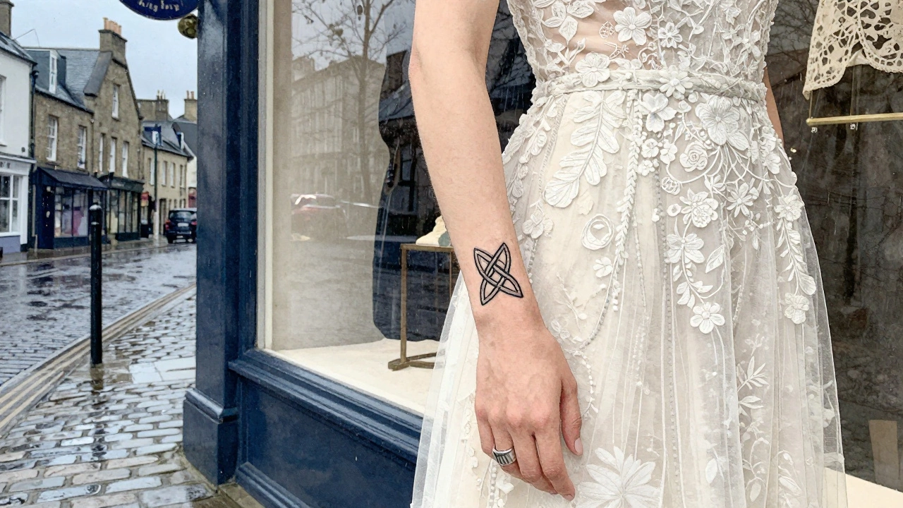 A hidden Celtic knot tattoo beside a lace evening gown in a Kilkenny boutique window at dusk.